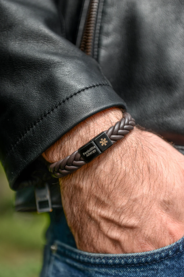 Men's Personalised Medical Alert Bracelet — Engraved ID Bracelet, Braided Leather