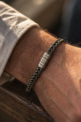 Men's personalised daddy bracelet with engraved kids names worn outdoors1