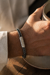 Men's personalised daddy bracelet with engraved kids names worn outdoors2