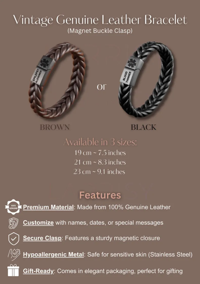 Product information and sizing card for Larrisy personalised medical alert bracelet