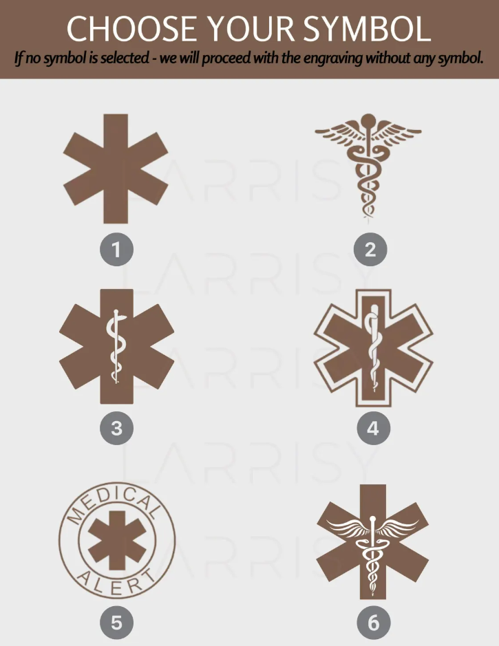 Medical alert symbol options chart for personalised engraved bracelet Larrisy