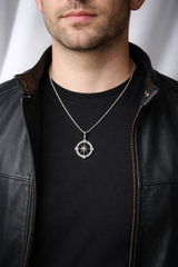 Men's silver memorial urn necklace worn on model second angle
