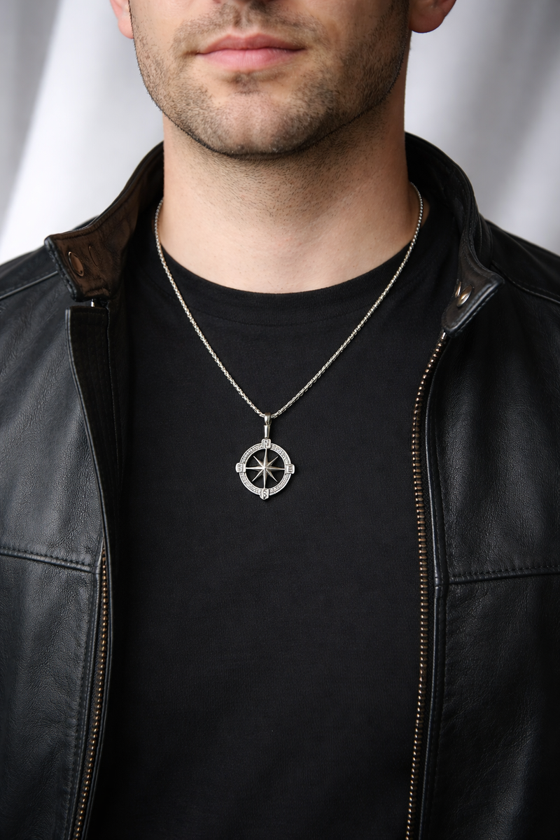 Men's silver memorial urn necklace worn on model second angle
