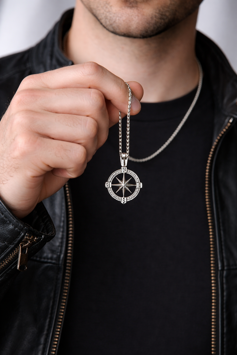 Men's silver ashes urn pendant necklace worn on model memorial jewellery