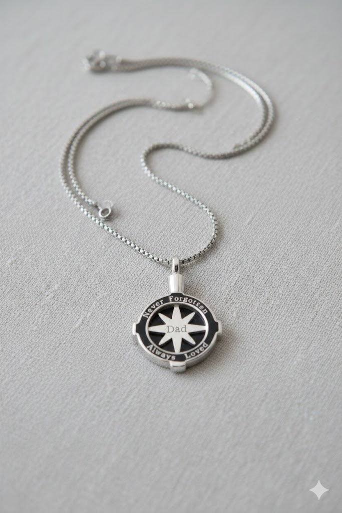 Men's silver ashes urn pendant necklace flat lay stainless steel