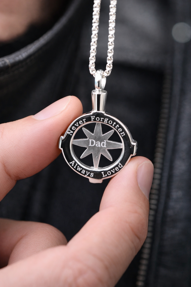 Front detail of men's silver ashes urn pendant cremation necklace
