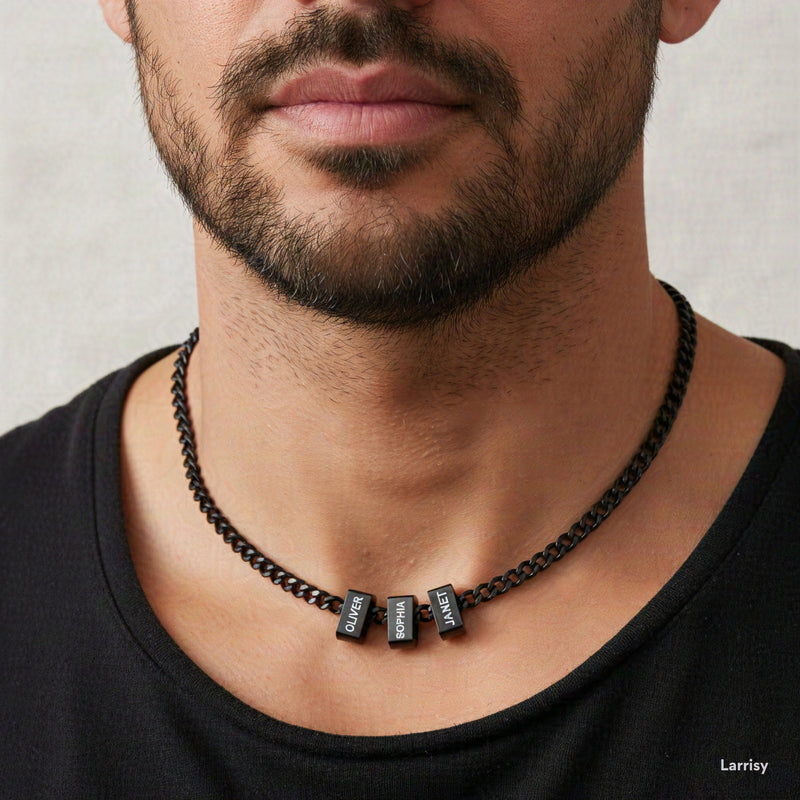 Men's black Cuban link chain necklace worn stainless steel personalised