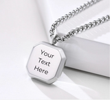 Men's black onyx pendant necklace showing personalised engraving option