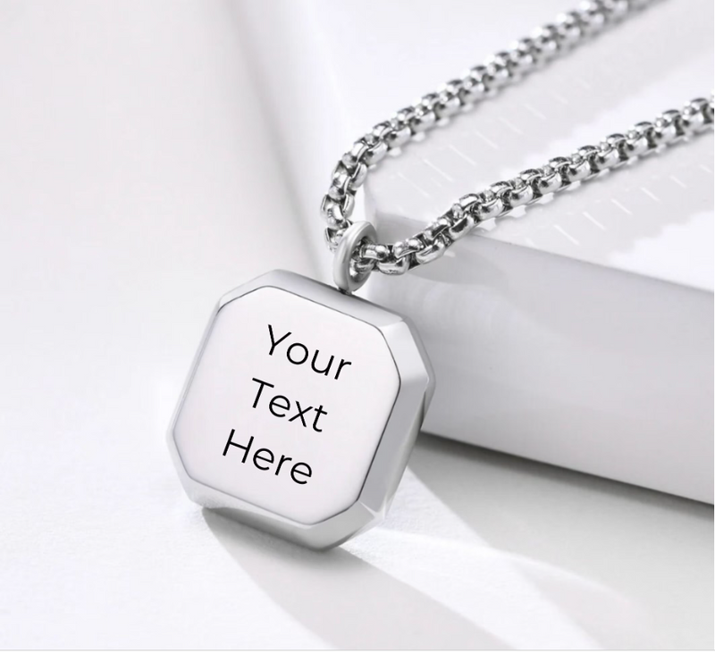 Men's black onyx pendant necklace showing personalised engraving option