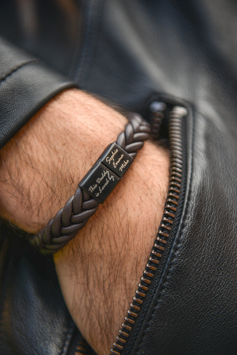 Men's personalised braided leather bracelet side angle on wrist Father's Day gift