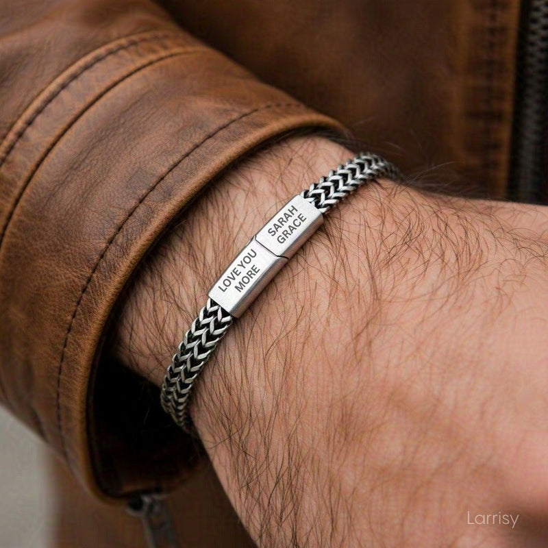 Close up of men's vintage silver foxtail chain bracelet on wrist stainless steel