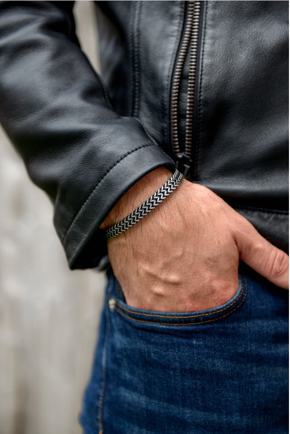 Men's vintage oxidised foxtail chain bracelet worn on model with jeans stainless steel