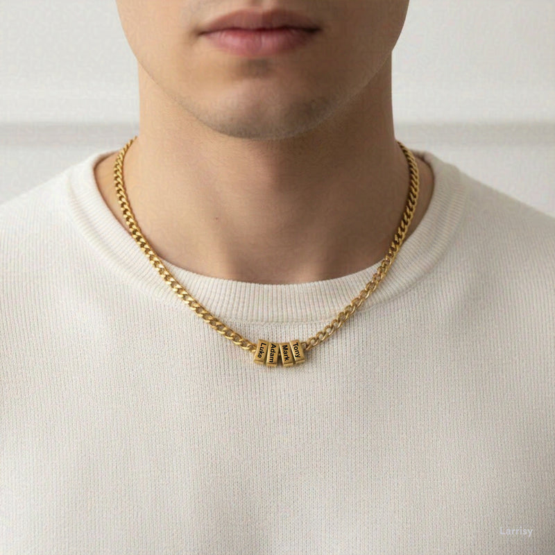 Men's gold Cuban link chain necklace worn stainless steel personalised engraved