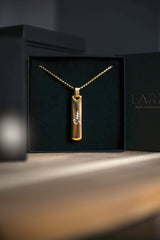 Men's gold personalised engraved bar necklace in luxury gift box by Larrisy
