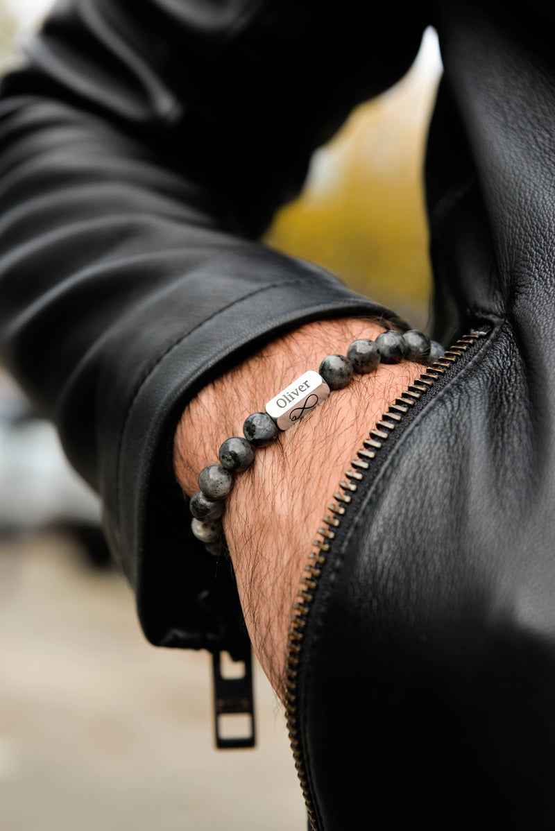 Men's larvikite stone bracelet with engraved stainless steel plate