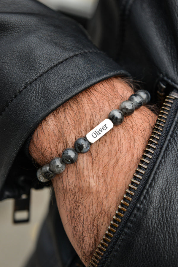 Men's Lava Stone & Larvikite Bracelet — Personalised Engraved Plate