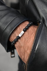 Men's personalised lava stone bracelet front view on wrist