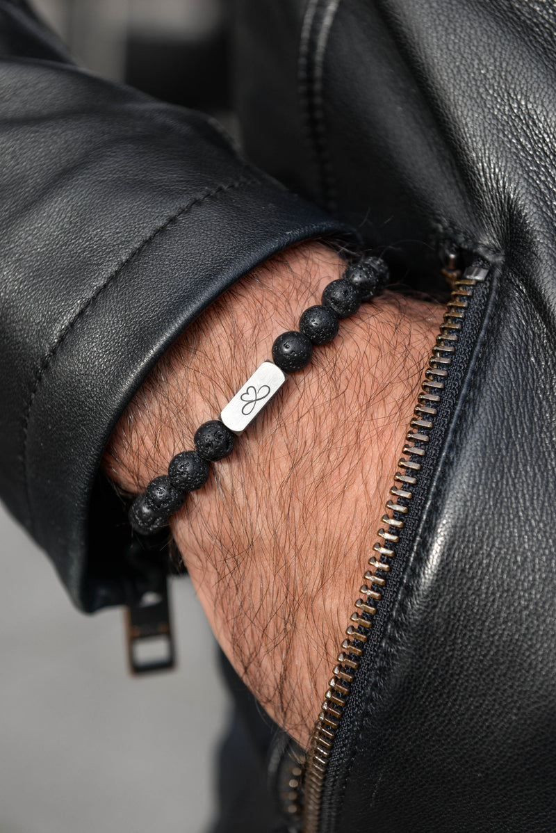 Men's personalised lava stone bracelet front view on wrist