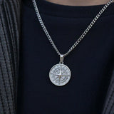 Close up of men's silver North Star pendant necklace stainless steel personalised