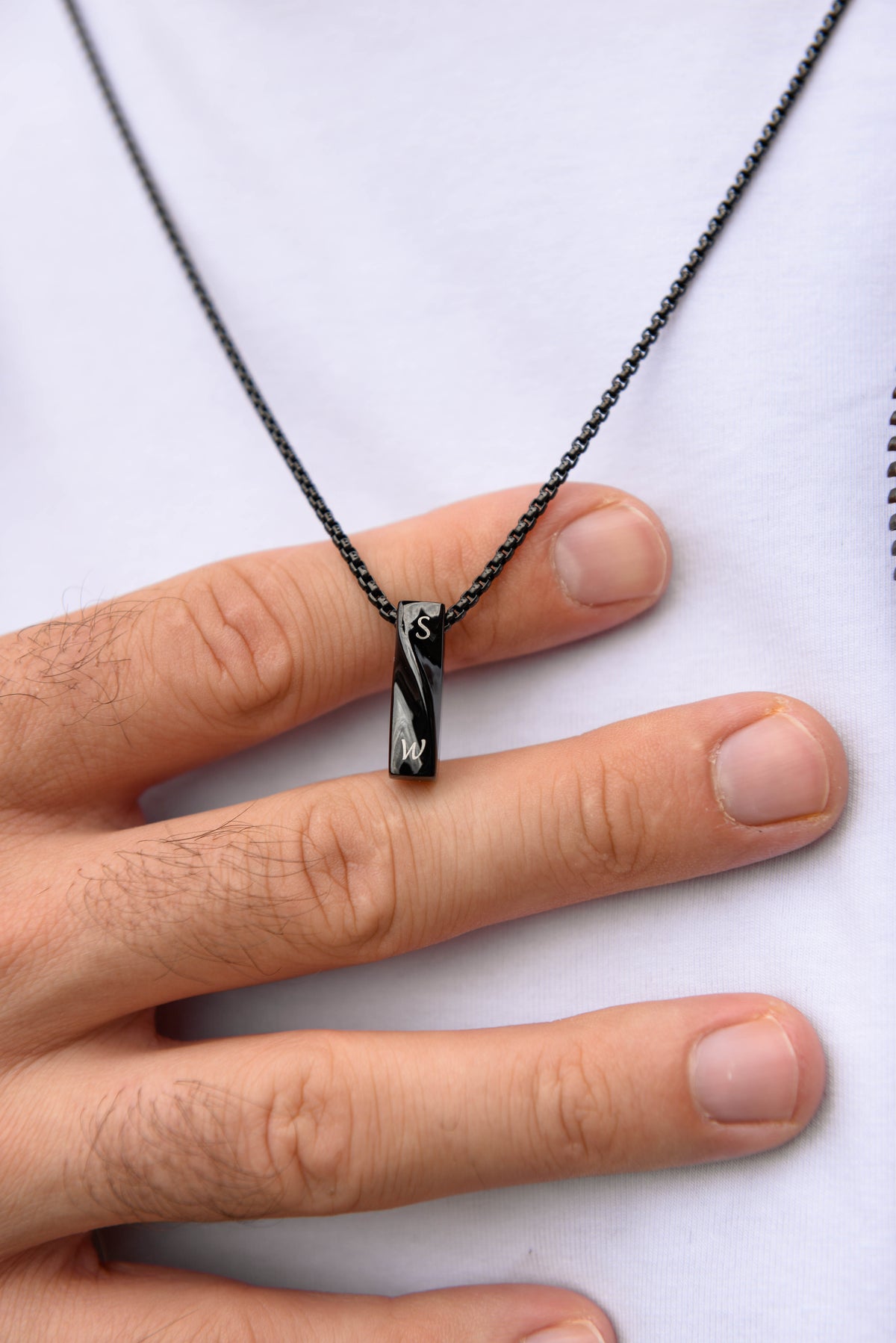Men's Personalised Bar Necklace — Engraved Name, Silver & Black