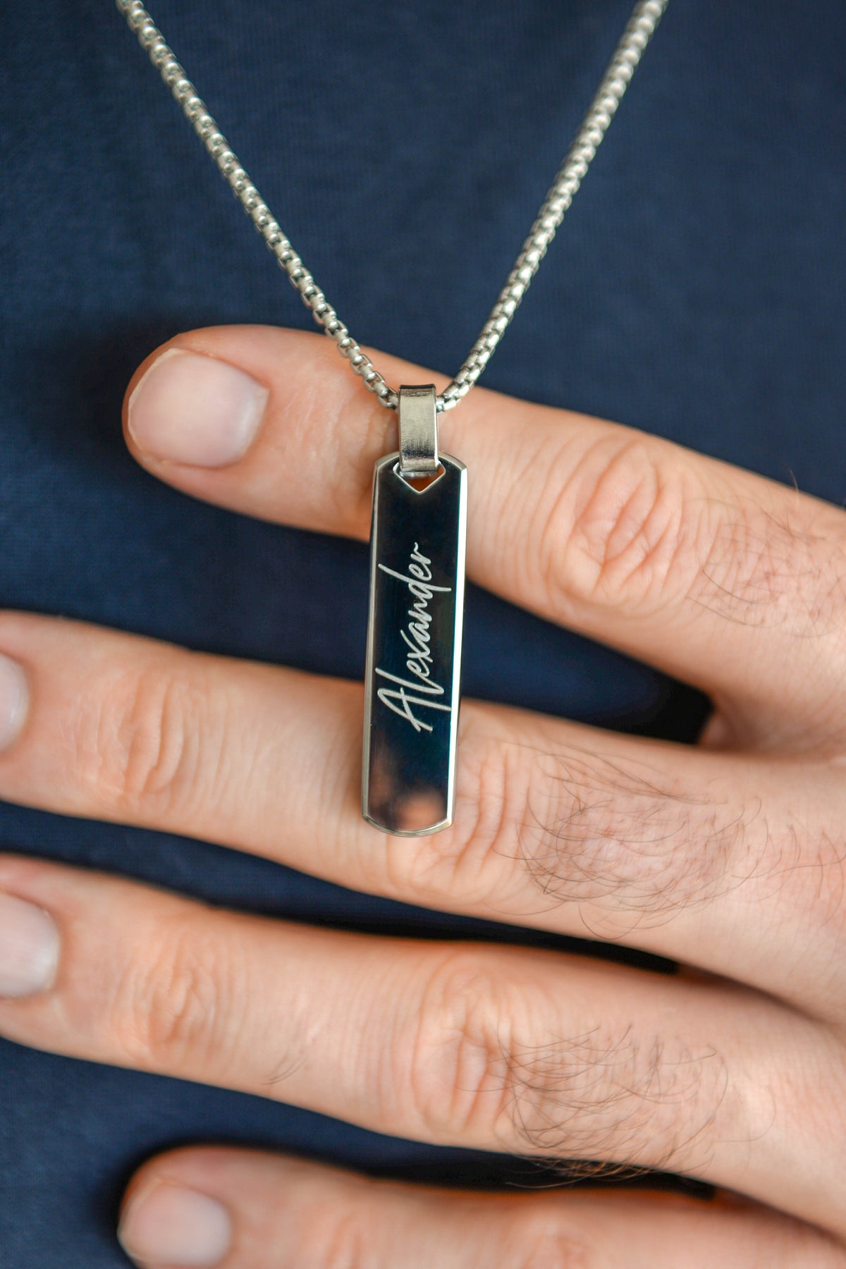 Men's Engraved Bar Necklace — Custom Name Pendant, Silver & Black