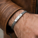 Men's personalised foxtail chain bracelet vintage oxidised silver worn with leather jacket
