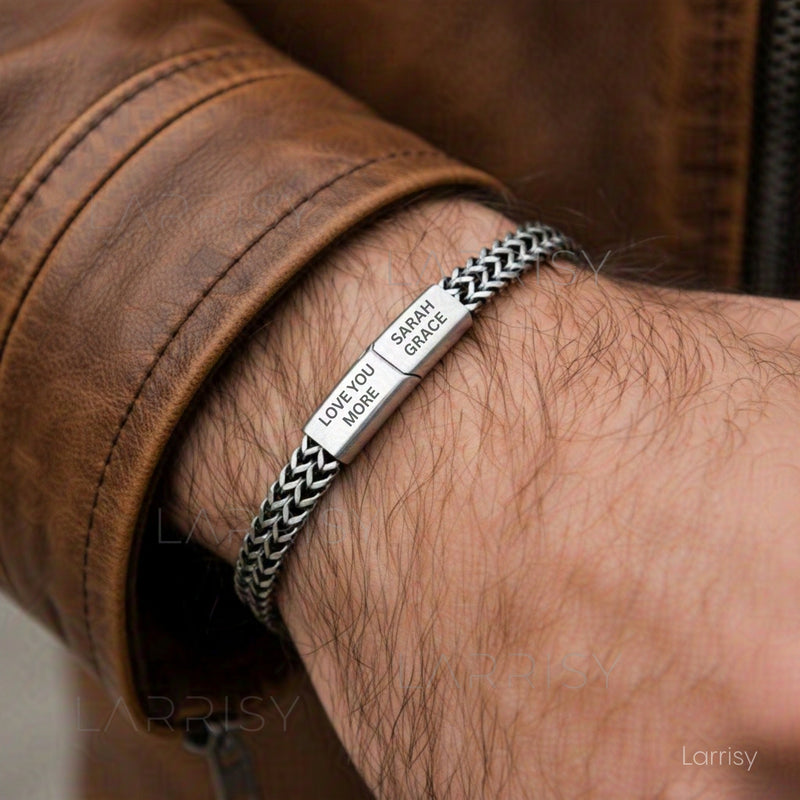 Men's personalised foxtail chain bracelet vintage oxidised silver worn with leather jacket