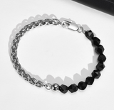 Men's silver and black bead box chain bracelet flat lay stainless steel hypoallergenic