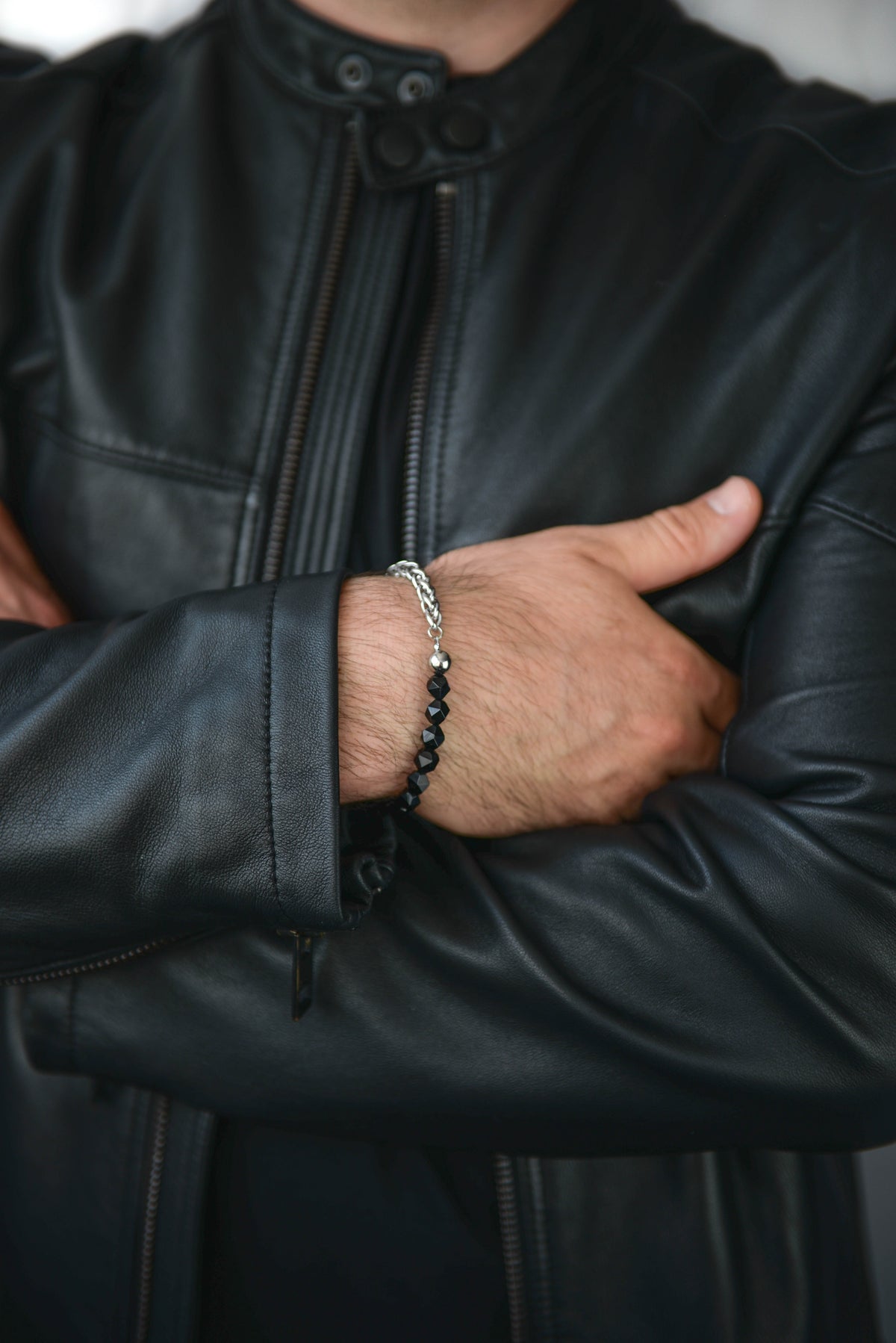 Men's Silver & Black Bead Box Chain Bracelet — Stainless Steel