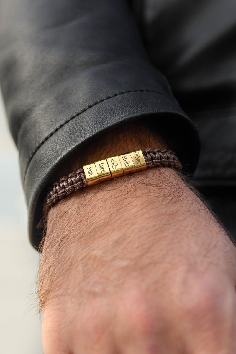 Men's woven leather bracelet with gold engraved bead stainless steel