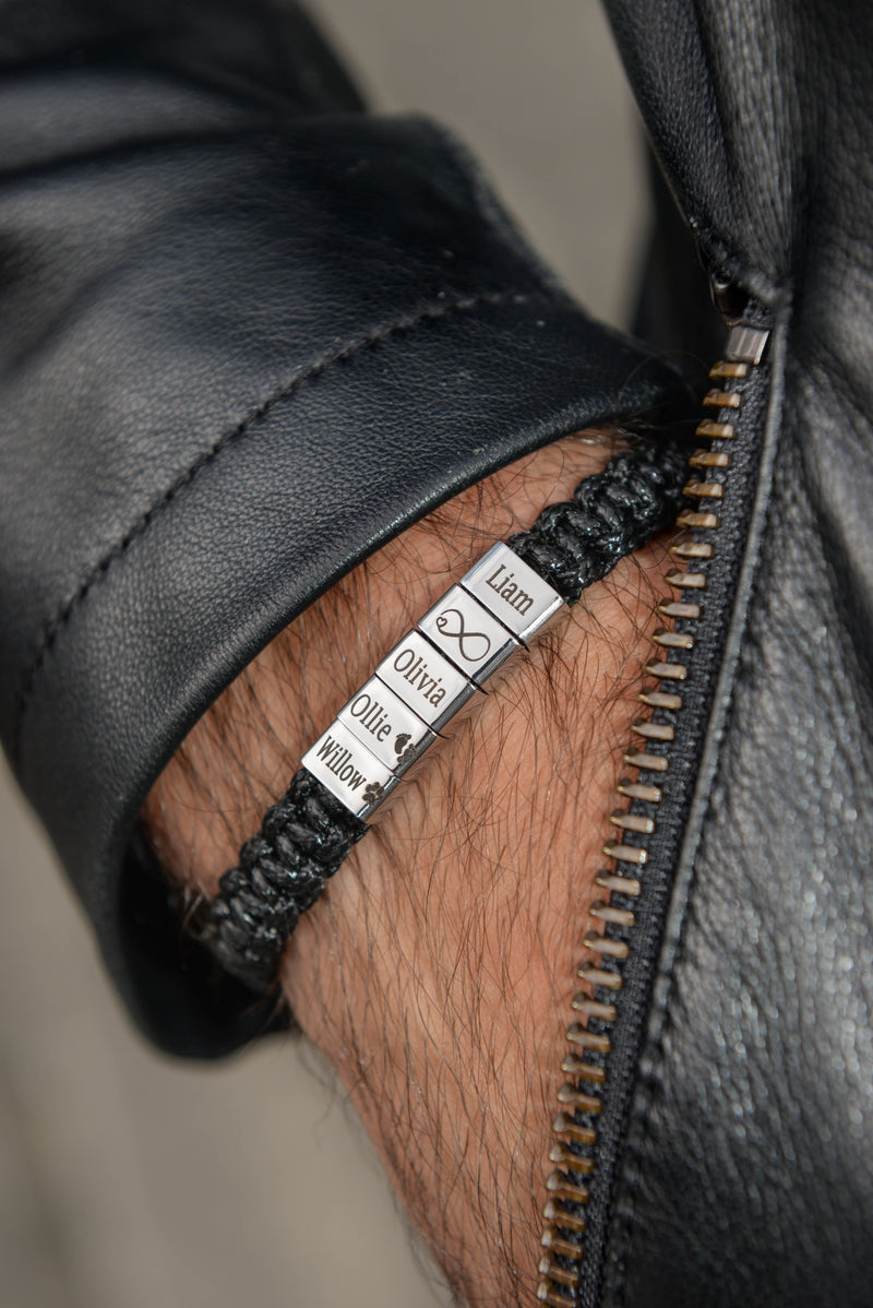 Men's woven leather bracelet lifestyle shot with leather jacket