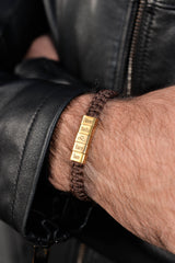 Men's personalised woven leather bracelet side view on wrist